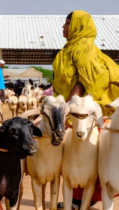 A woman beside goats at a livestock market, from DRIVE’s market information project image
